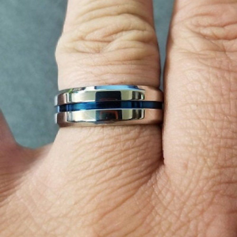 Men's Silver Promise Ring Band - Blue Line Center Groove Blue Line Promise Ring - Picture 2 of 8